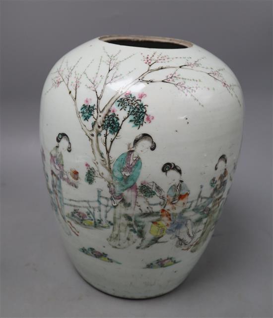 A 19th century Chinese ovoid shaped jar, painted with ladies beneath a tree (lacking cover), height 27cm